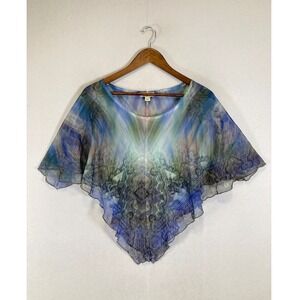 Boho One World Womens PL Blue Paisley Sheer Chiffon Handkerchief Hem Poncho Top